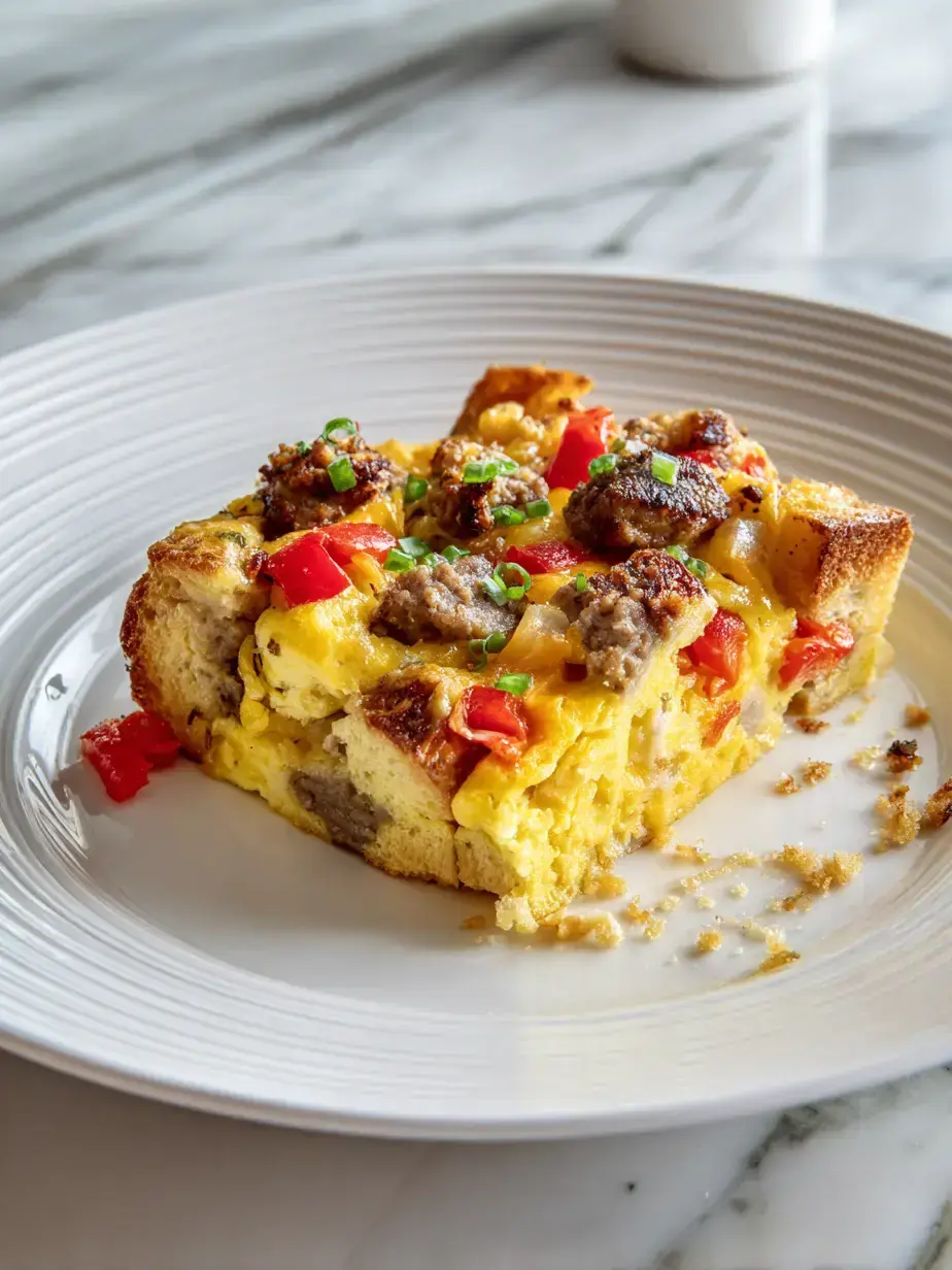 Slice of hearty breakfast casserole with melted cheese served on a white plate