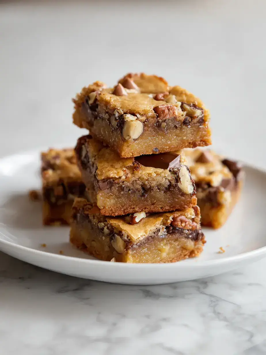 Close up of a single gooey candy bar blondie square on a plate