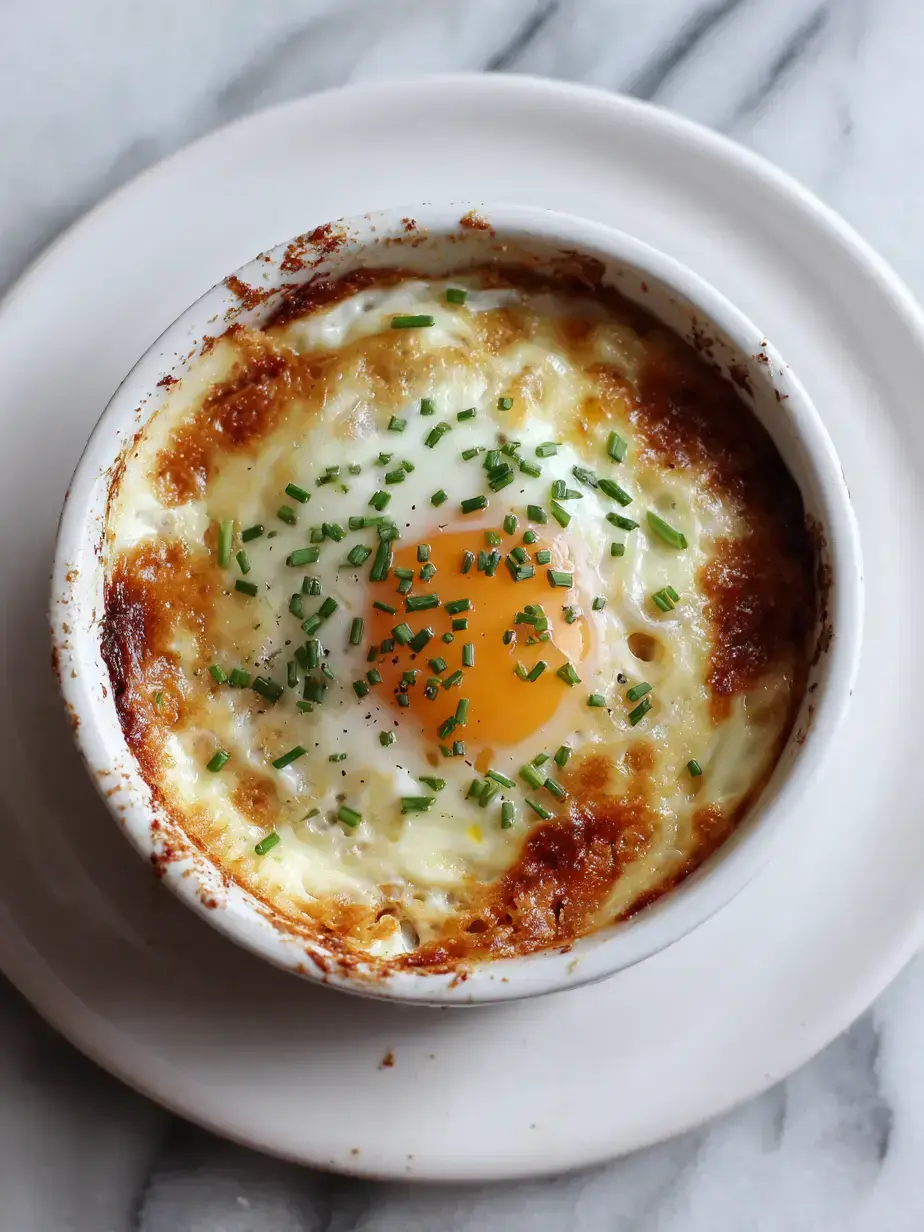Plated Cheesy Baked Eggs with fresh garnish A beautifully served plate of irresistible Cheesy Baked Eggs with a side salad