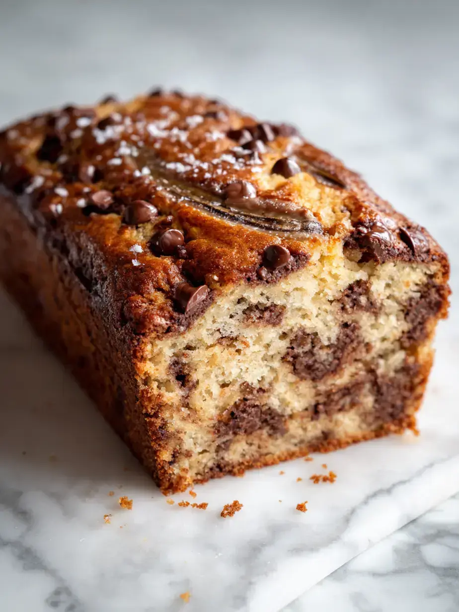 Slice of chocolate banana bread with a melting pat of butter on a vintage plate.