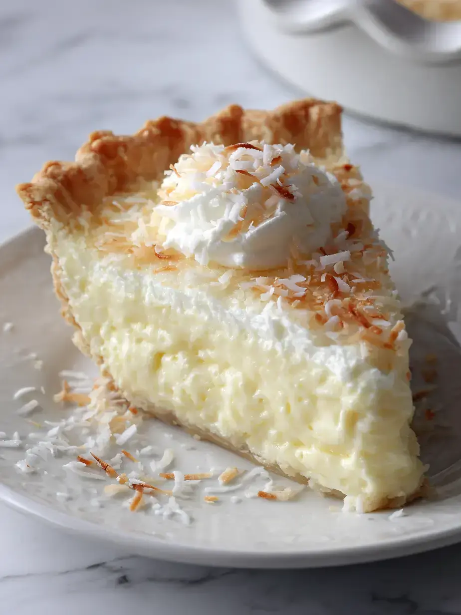 Whole Coconut Cream Pie with toasted coconut topping on a decorative cake stand
