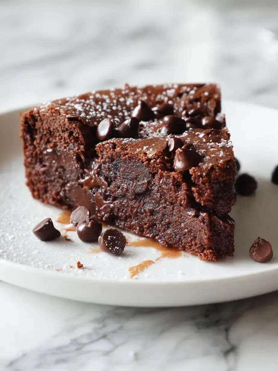 Sliced deep dish brownie served with vanilla ice cream and chocolate drizzle