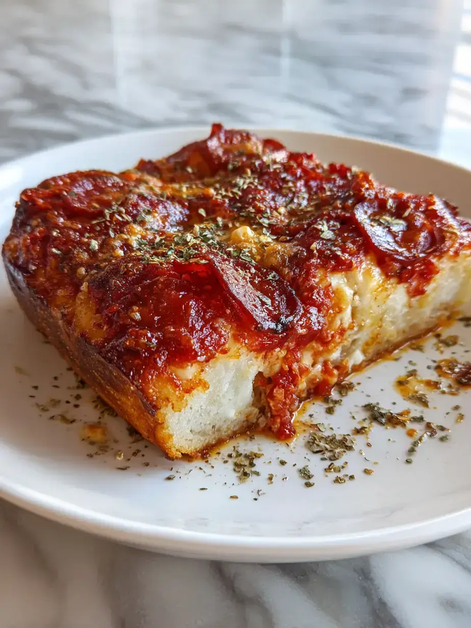 Close up slice of Detroit Style Pizza showing airy crumb and crispy edge