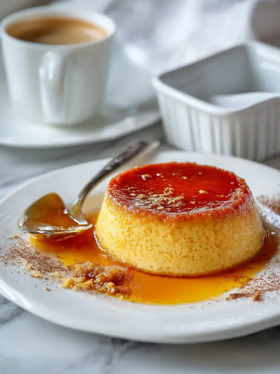 Slice of creamy flan recipe served on a plate with fresh berries and mint