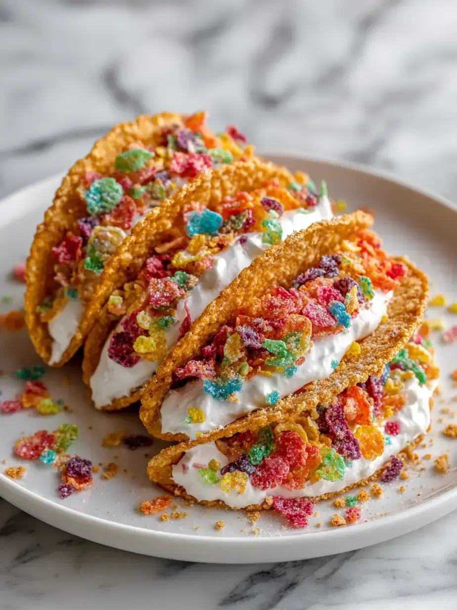 Close-up shot of a Fruity Pebbles cheesecake taco, highlighting the creamy filling and cereal crunch.