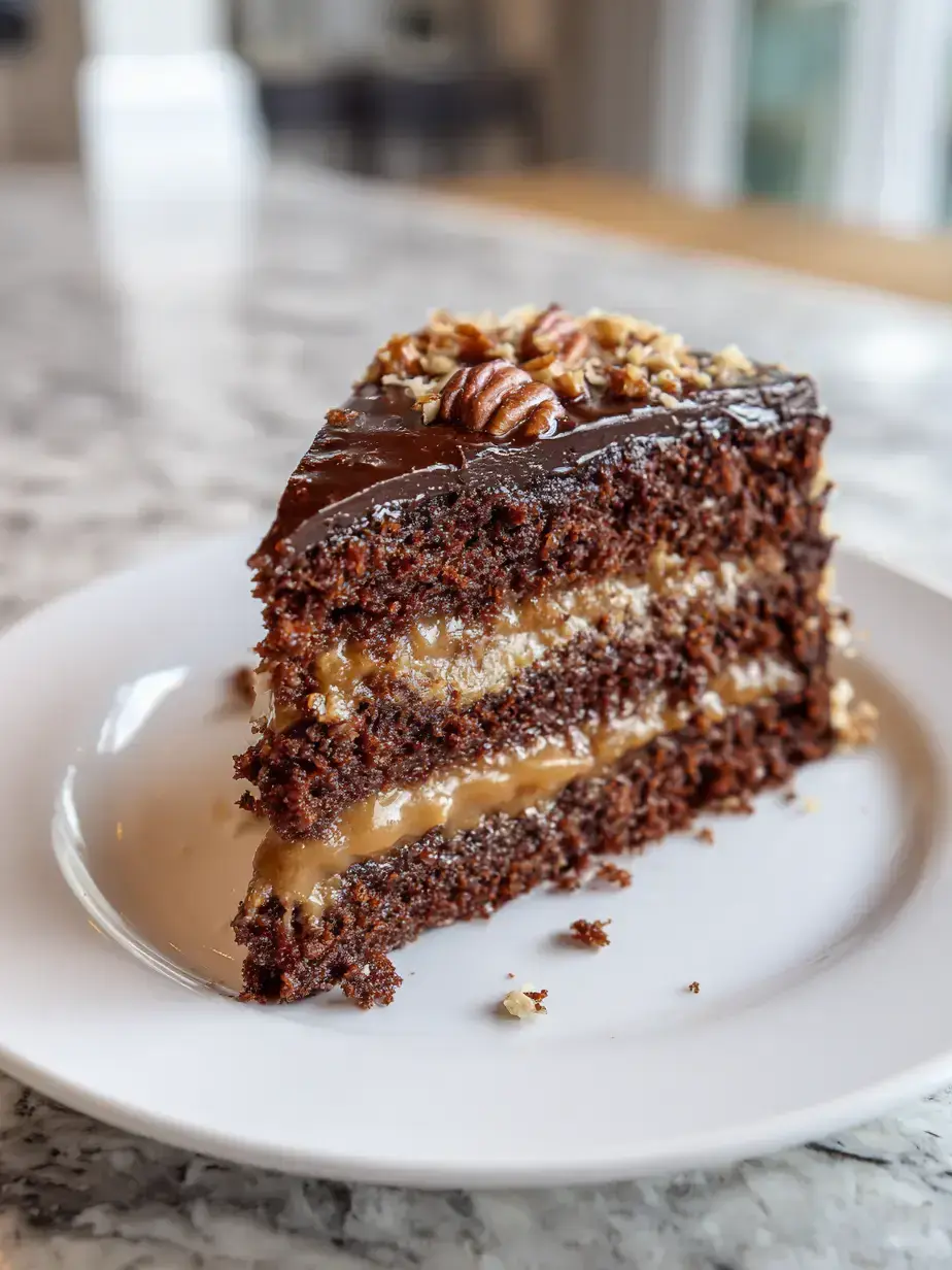 Whole classic German Chocolate Cake with coconut icing on a cake stand
