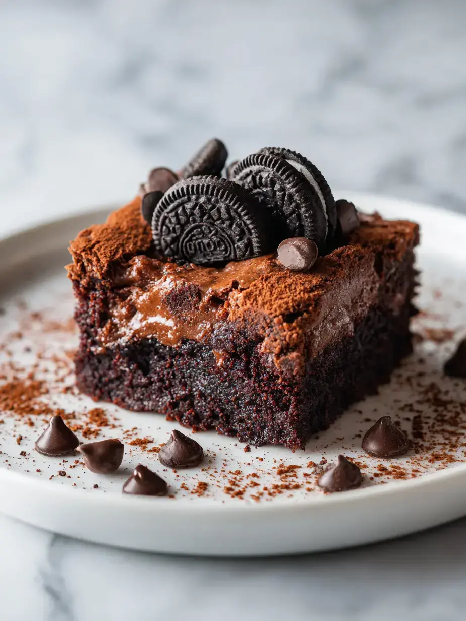 Close up of a single gooey Oreo Brownie Recipe square on a plate