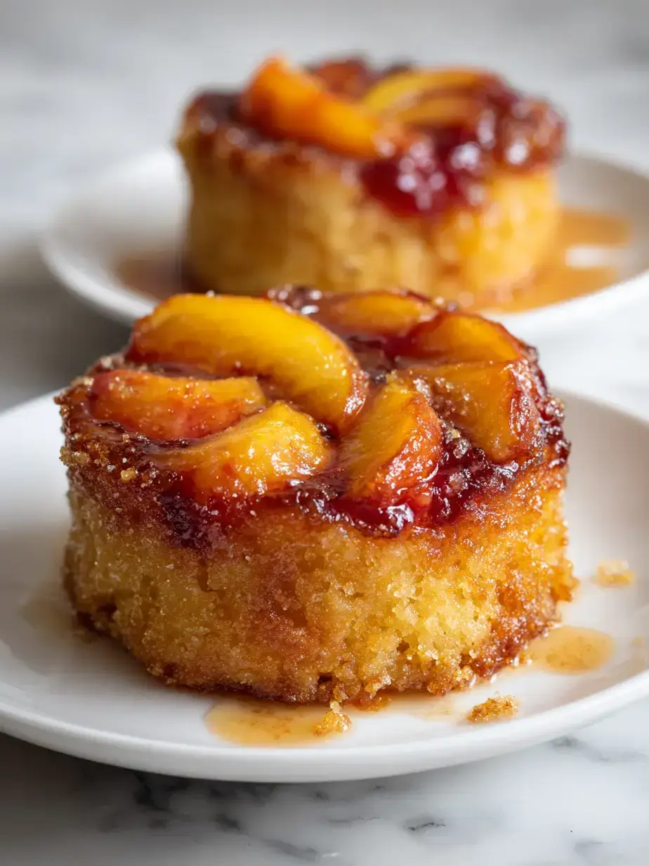 Serving suggestion for Peach Upside Down Cakes with vanilla ice cream