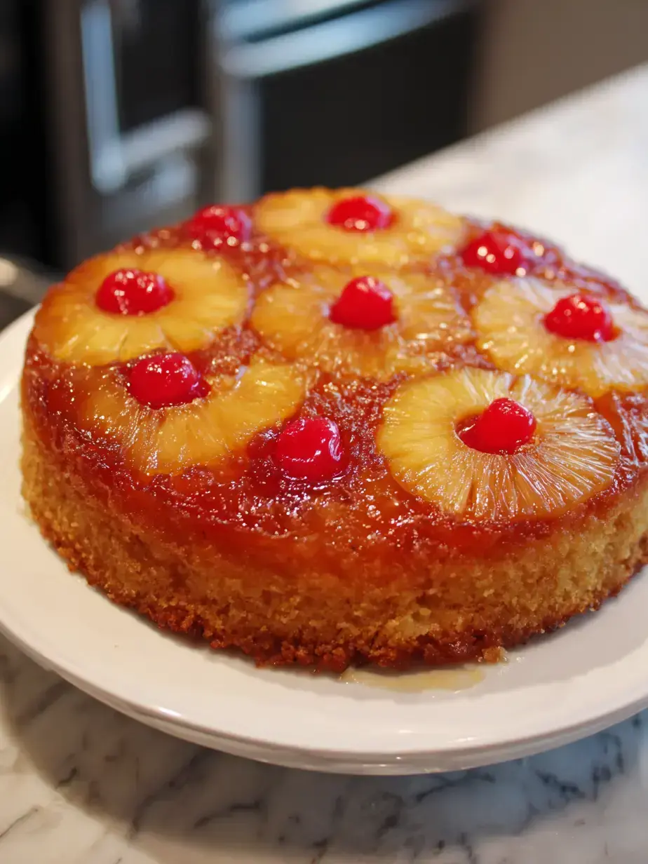 Slice of moist Pineapple Upside Down Cake served on a plate with a scoop of vanilla ice cream.