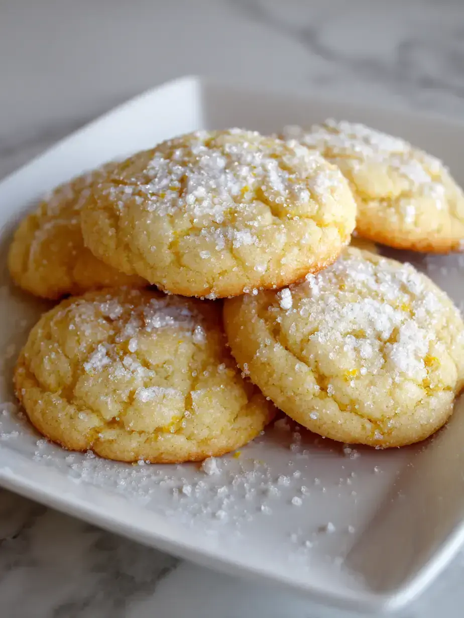 Stack of soft chewy lemon cookies with a lemon slice garnish on a wooden board