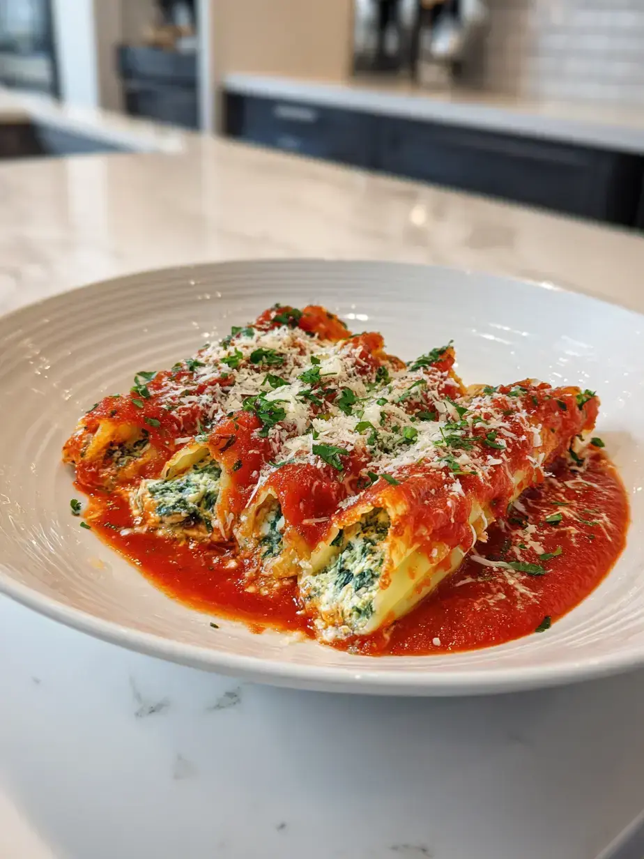 Creamy Spinach Manicotti served on a plate with fresh herbs
