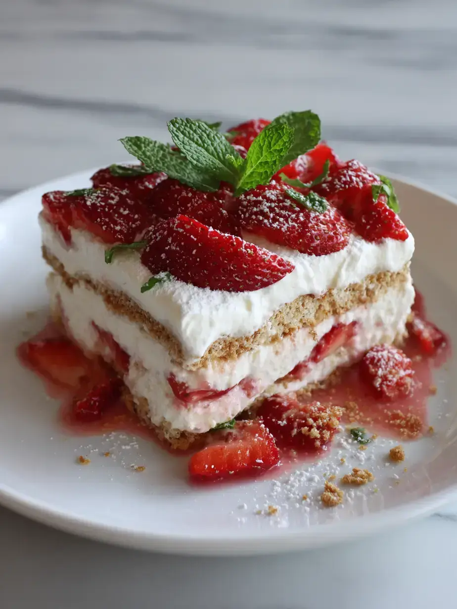 Sliced Strawberry Icebox Cake served on a plate with mint garnish