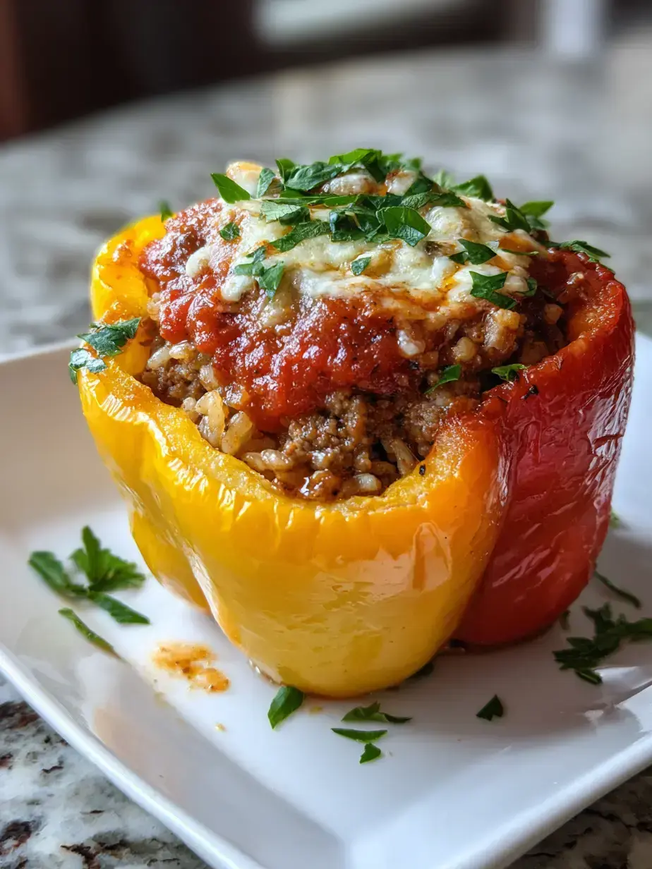 Cross-section revealing the savory filling inside a Stuffed Bell Pepper A close-up shot of a single Stuffed Bell Pepper cut in half, showing the layered beef and rice filling