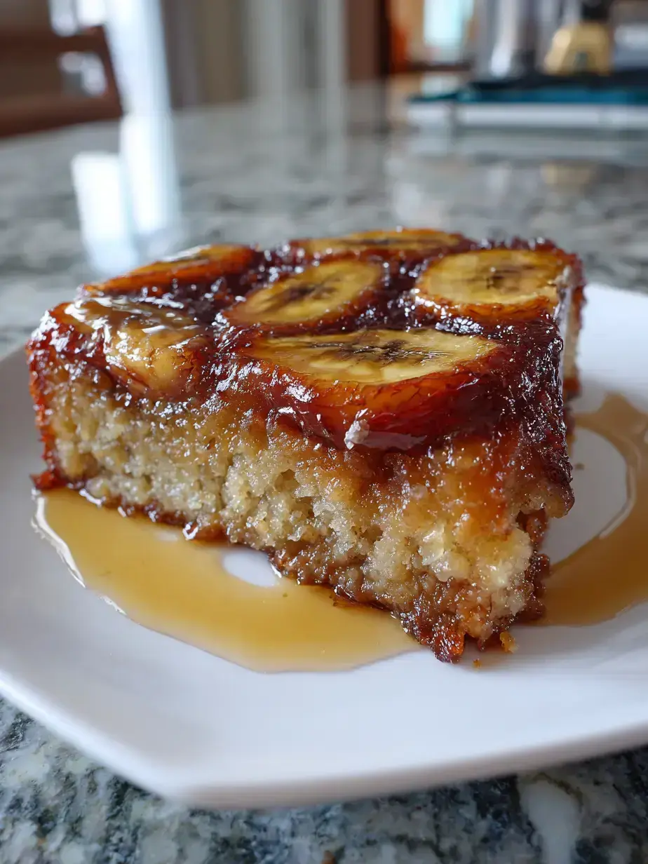 Slice of banana upside down cake with a scoop of vanilla ice cream