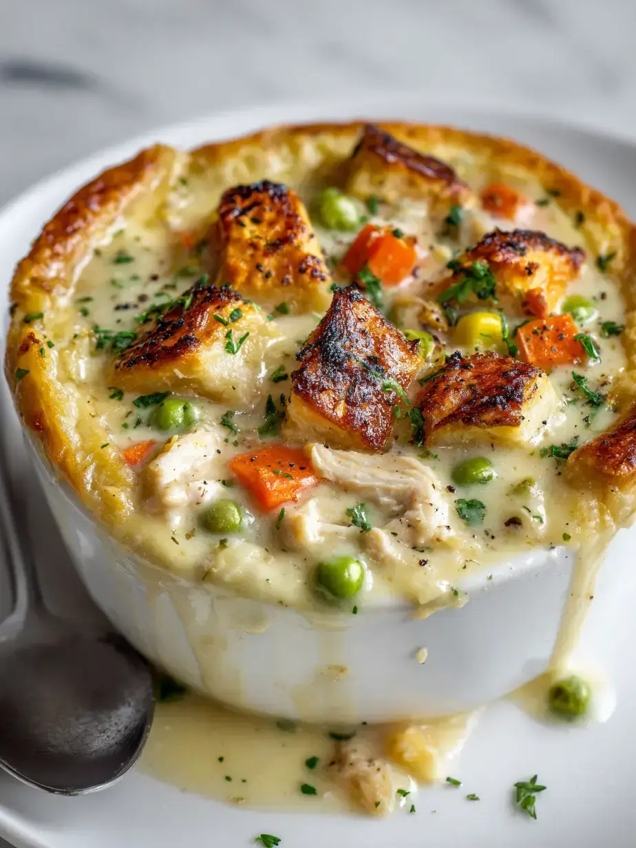 Homemade chicken pot pie soup served with a buttery biscuit on the side
