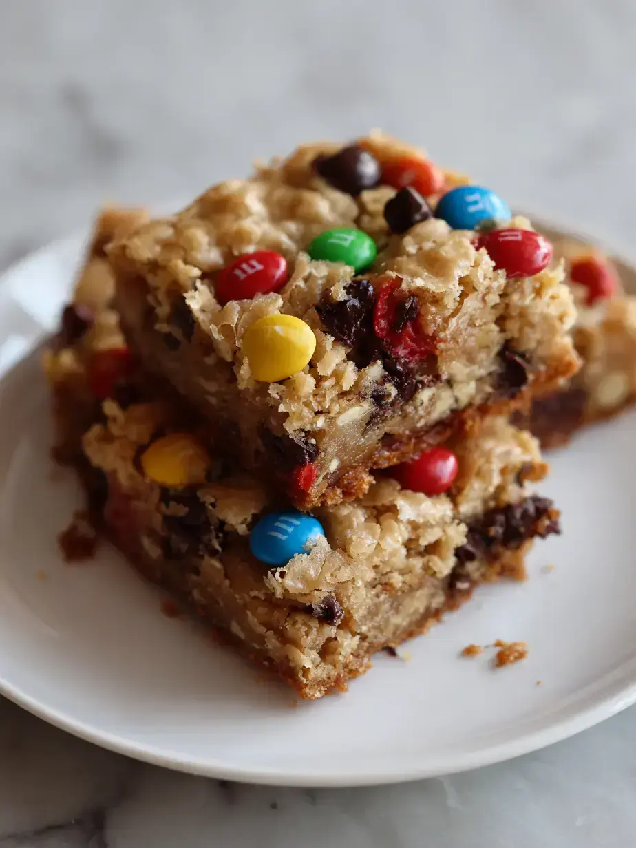Sliced monster cookie brownies served on a plate with a glass of milk