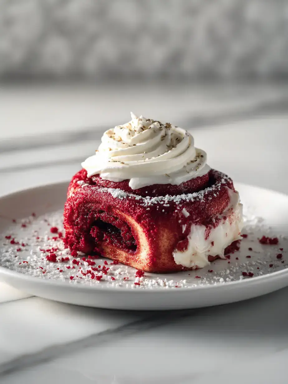 Close up of a single red velvet cinnamon roll with creamy icing on a plate