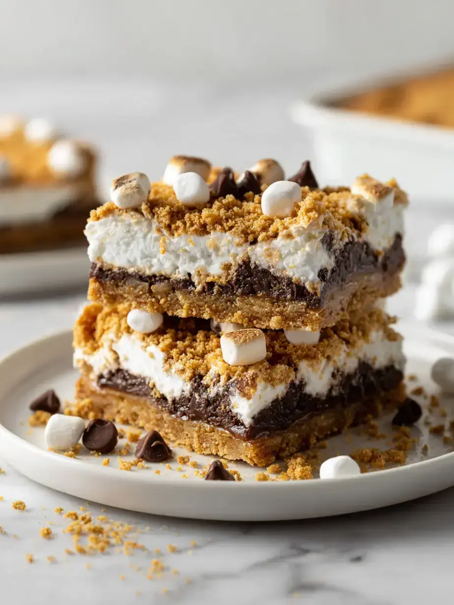 Perfectly Served S'mores Bars Gooey s'mores bars served on a plate with a glass of milk, ready to enjoy
