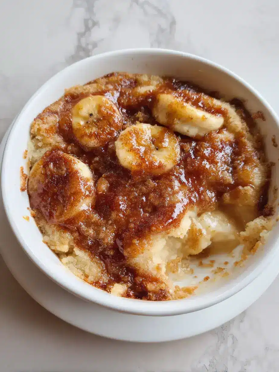 Slice of southern banana cobbler served with vanilla ice cream melting on top