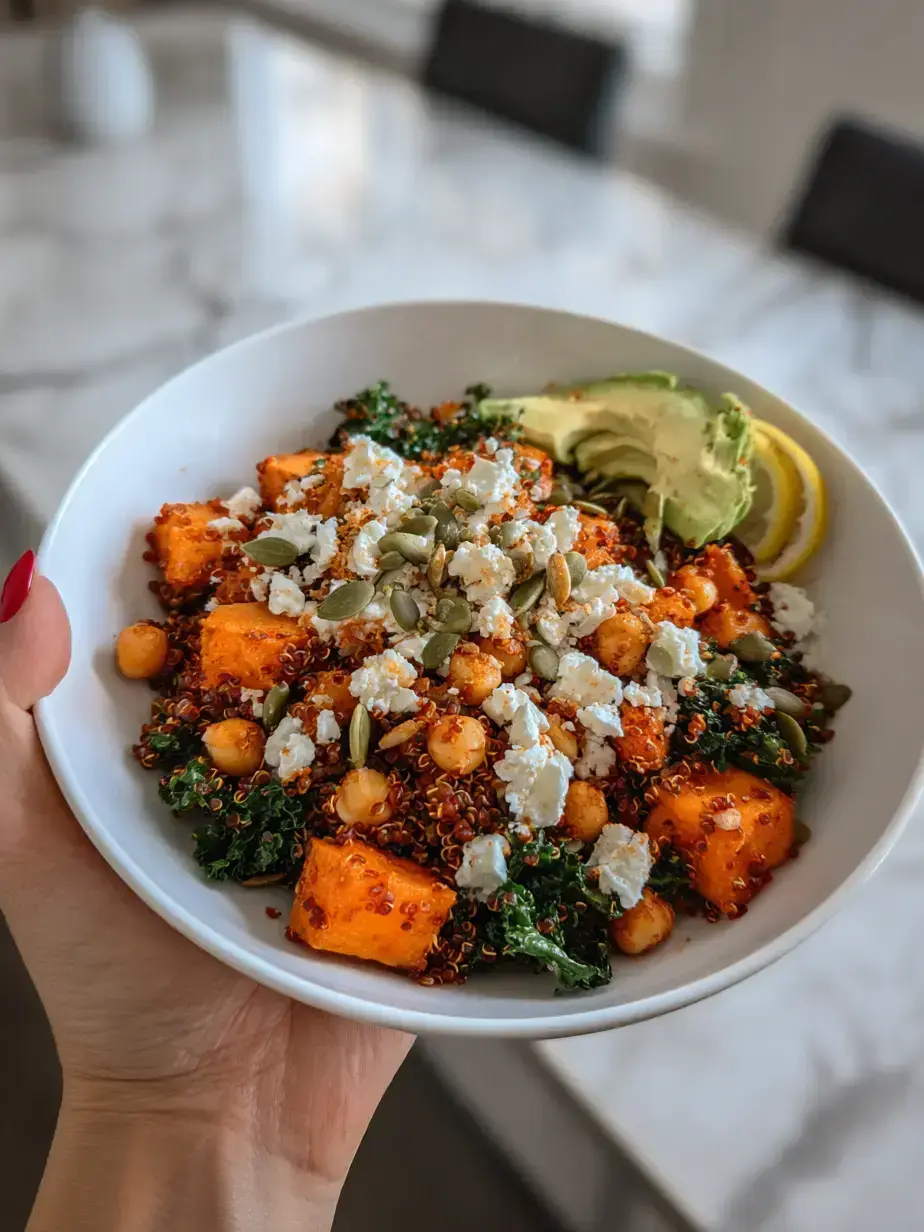 Close-up of an irresistible vegetable grain bowl showcasing the texture of quinoa, chickpeas, and avocado