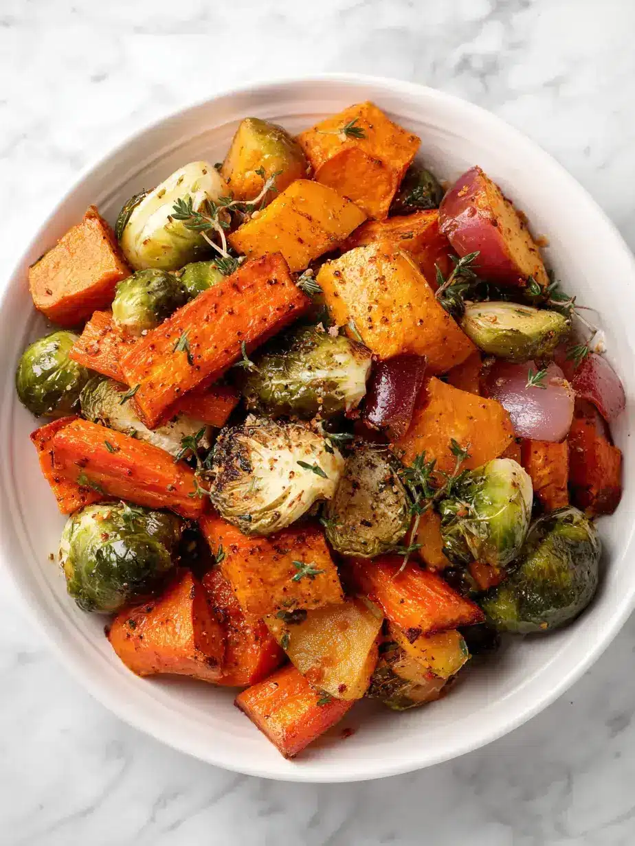 A colorful platter of easy Thanksgiving vegetables including roasted carrots, sweet potatoes, and Brussels sprouts