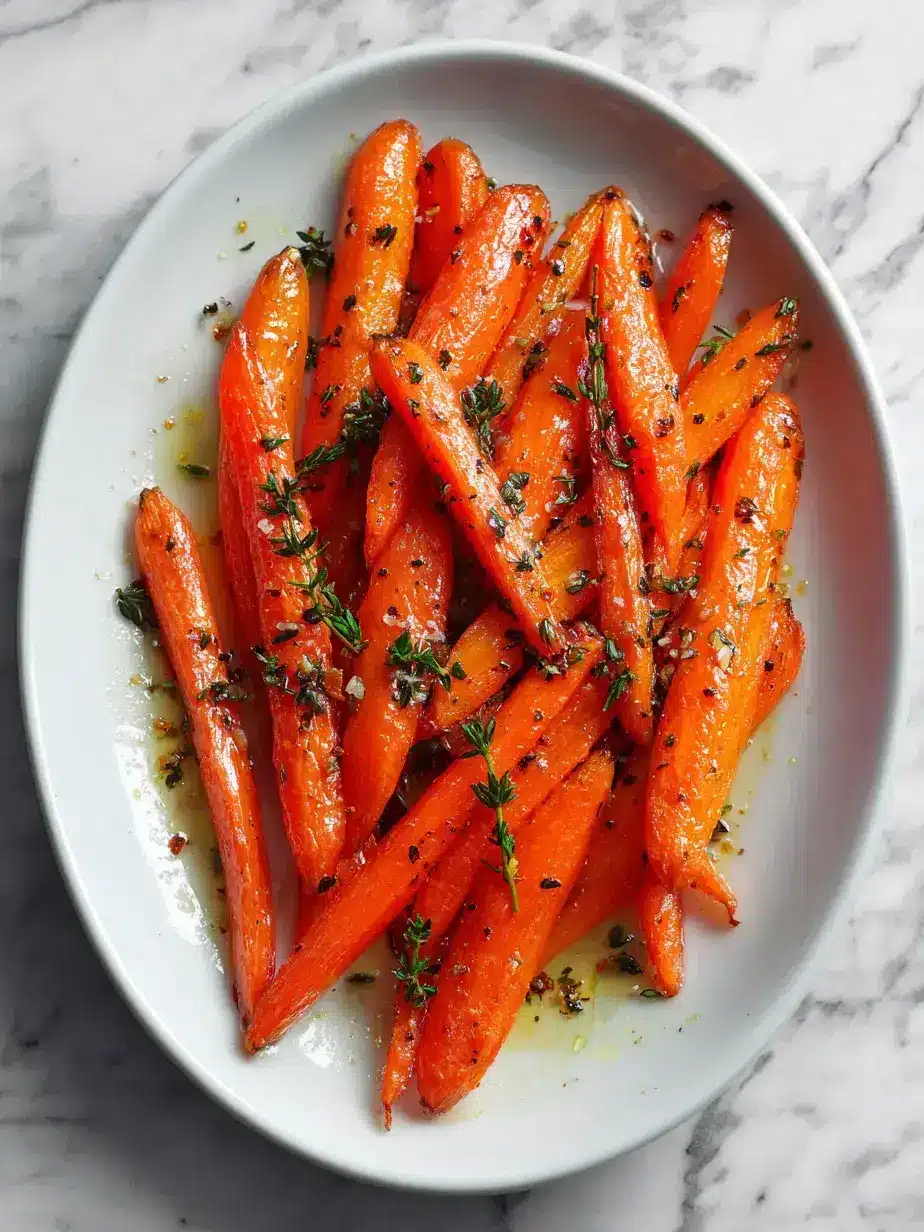 Delicious honey roasted carrots with a caramelized glaze and fresh thyme on a baking sheet