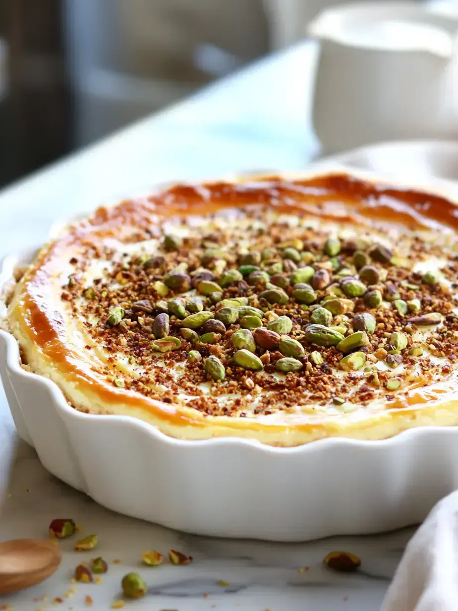 Finished Pistachio Cream Kunafa Cheesecake with honey drizzle Beautiful Pistachio Cream Kunafa Cheesecake with a golden crust and green pistachio filling