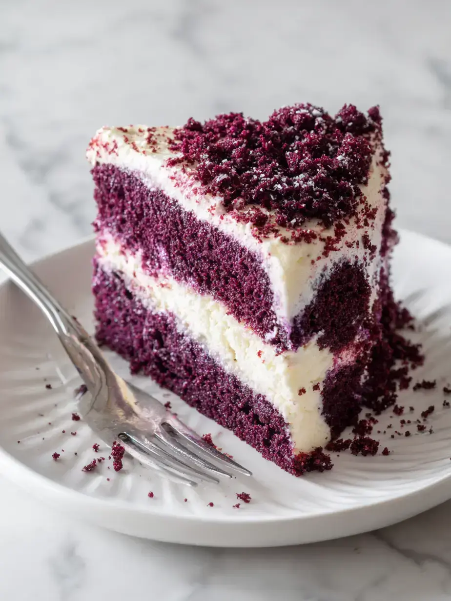 Slice of homemade Purple Velvet Cake with violet cream cheese frosting on a plate