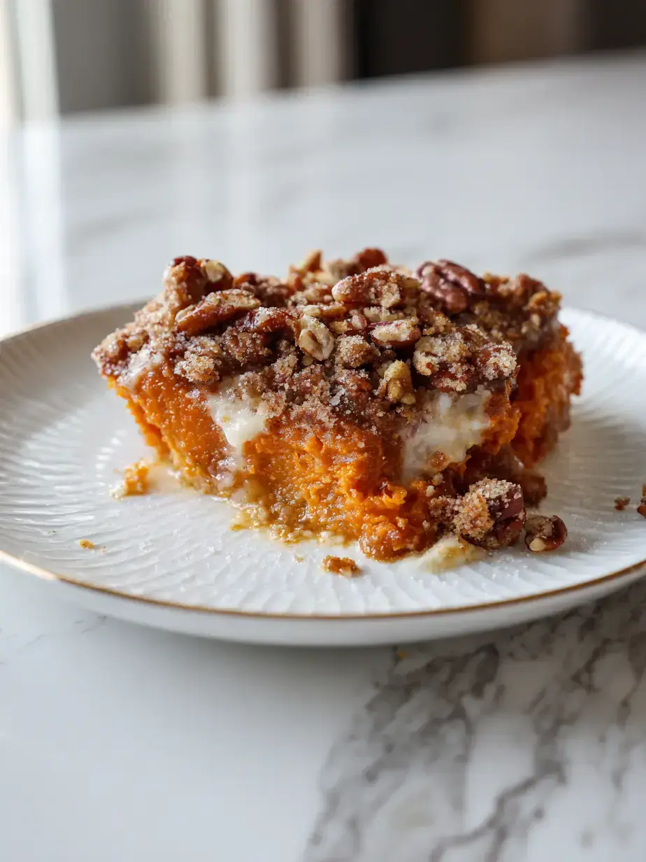 A beautiful golden brown Southern sweet potato casserole with a crunchy pecan topping