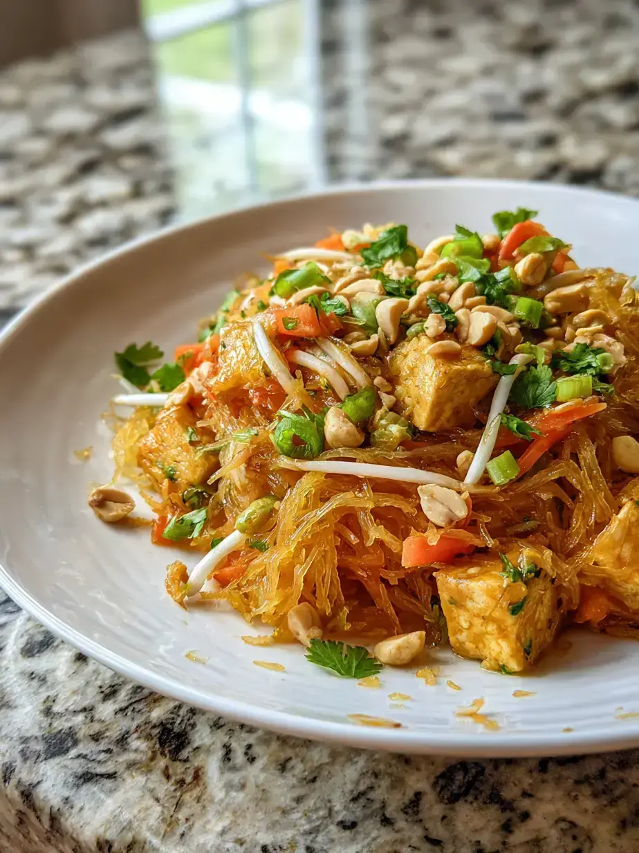 A vibrant bowl of Spaghetti Squash Pad Thai garnished with lime, peanuts, and cilantro