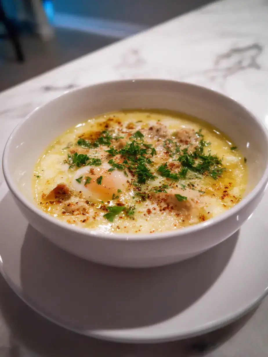 A classic Italian Stracciatella Soup in a rustic white bowl, showing delicate egg ribbons and fresh parsley