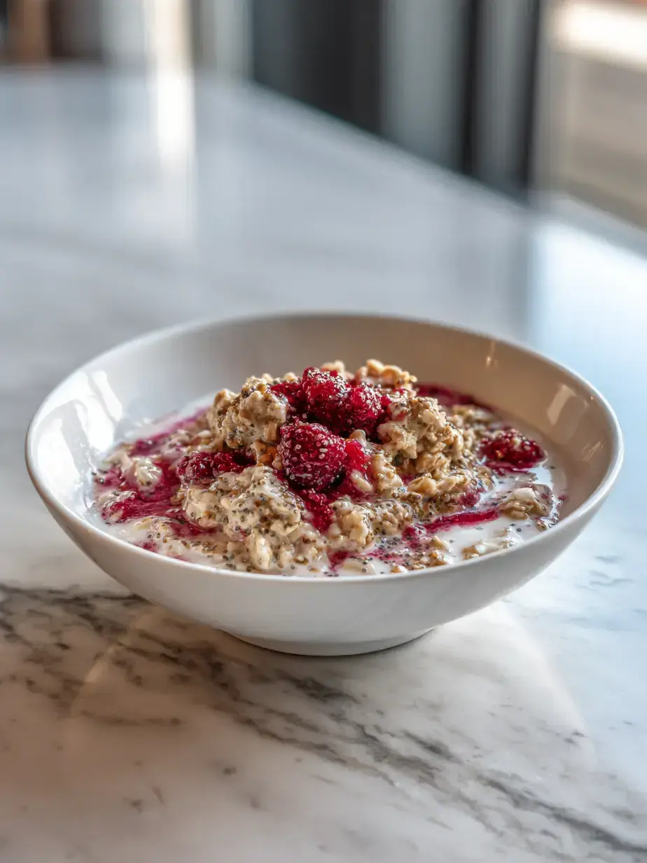 Creamy jar of delicious overnight oats with fresh berries and chia seeds