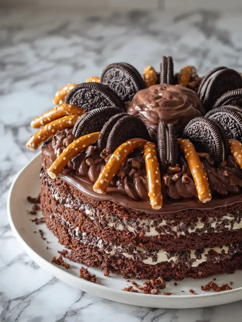 Moist slice of chocolate Halloween spider cake Slice of chocolate spider cake showing moist crumb and spider decoration