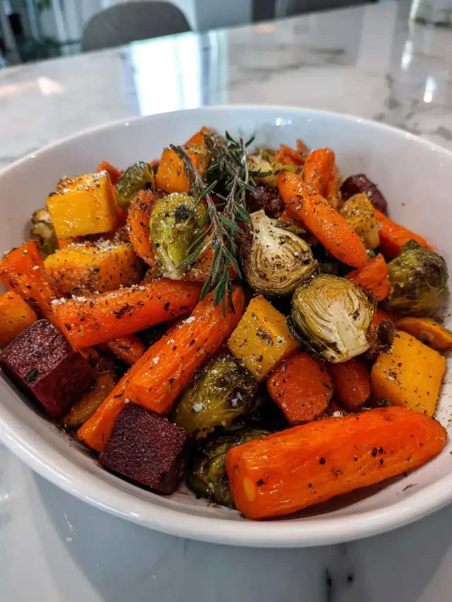 Close up of easy Thanksgiving vegetables served in a rustic ceramic bowl
