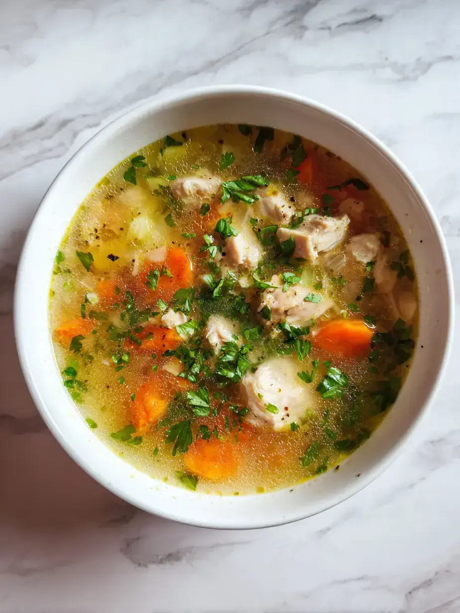Bowl of finished Ginger Chicken Soup garnished with fresh cilantro