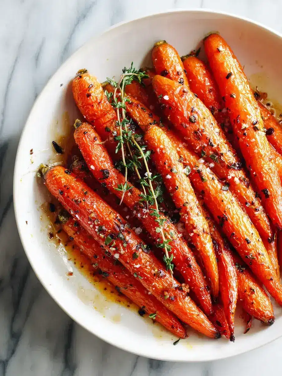 Beautifully plated honey roasted carrots garnished with fresh thyme as a side dish