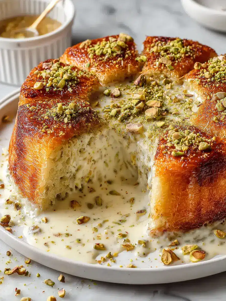 Sliced Pistachio Cream Kunafa Cheesecake with pistachio garnish Slice of Pistachio Cream Kunafa Cheesecake showing layered texture on a plate