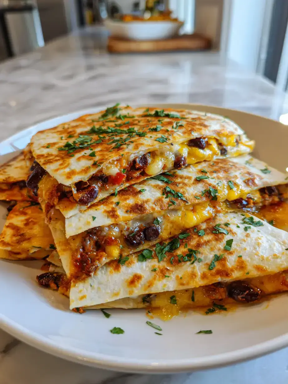 Close up of a slice of sheet pan quesadilla showing melted cheese, chicken, and black beans