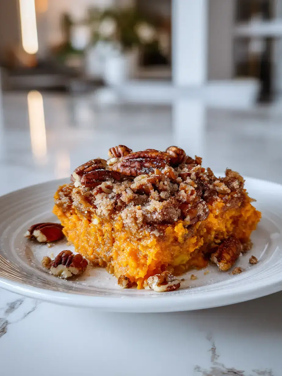 Slice of Southern sweet potato casserole served on a plate with pecans