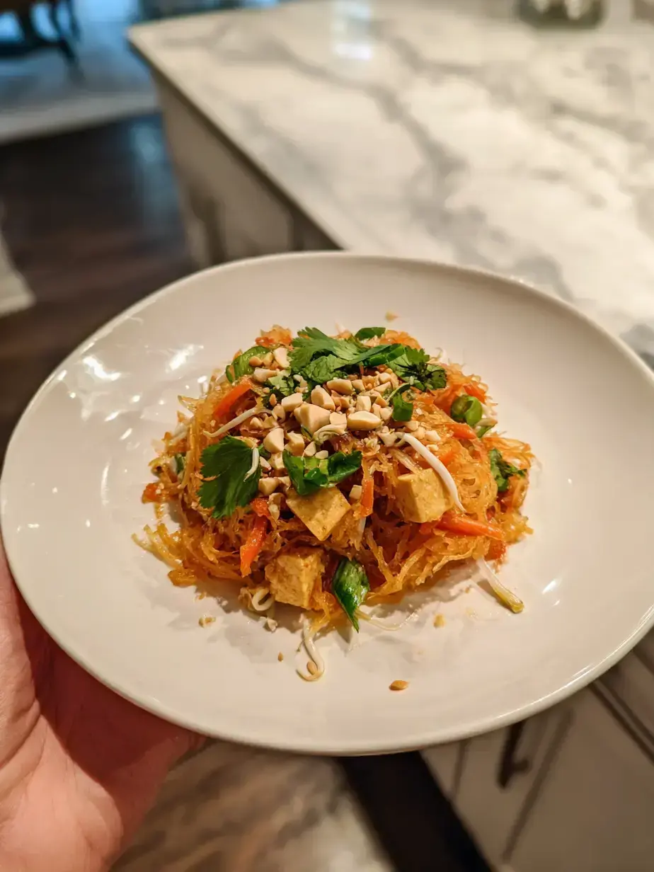 Close-up of a fork twisting strands of Spaghetti Squash Pad Thai with peanuts