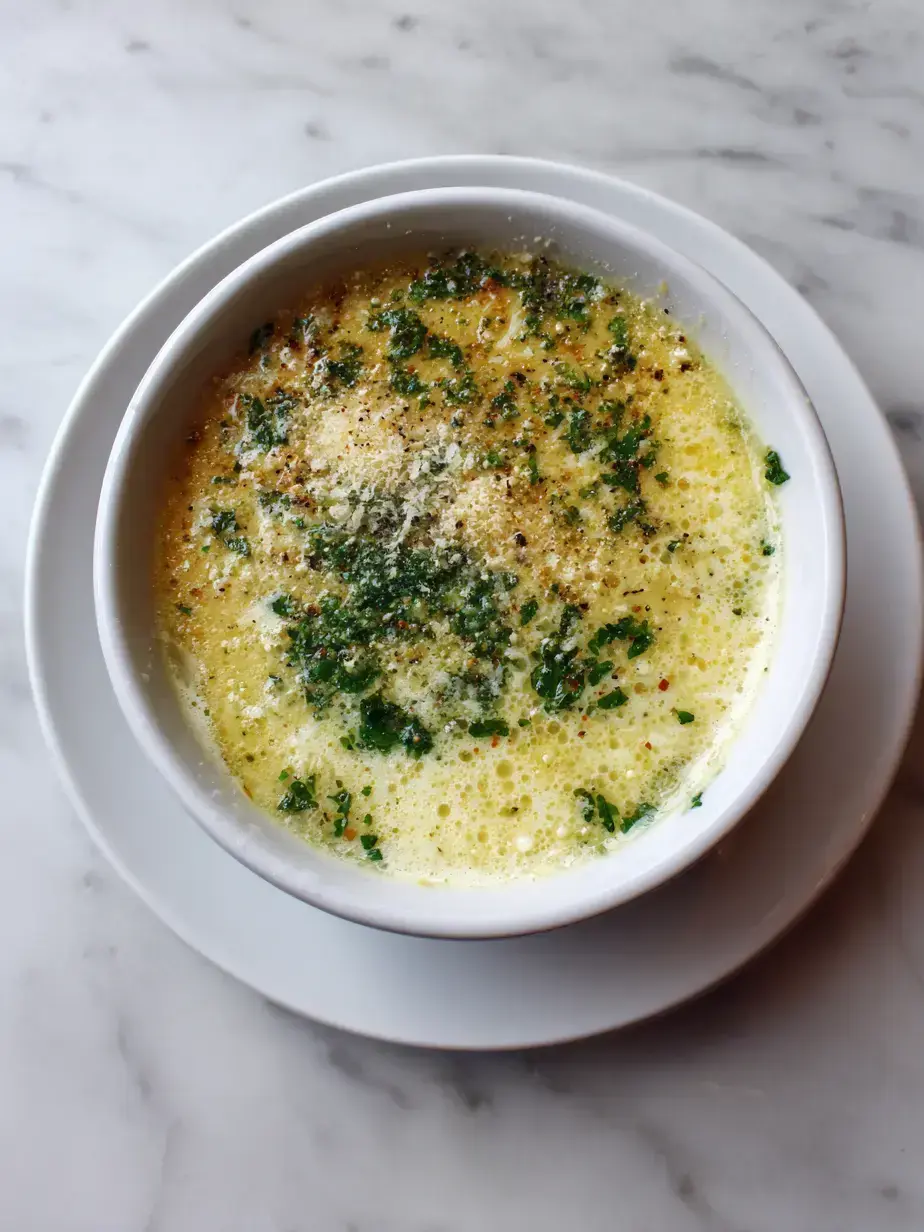 Close-up of homemade Stracciatella Soup with egg ribbons, Parmesan cheese, and parsley garnish