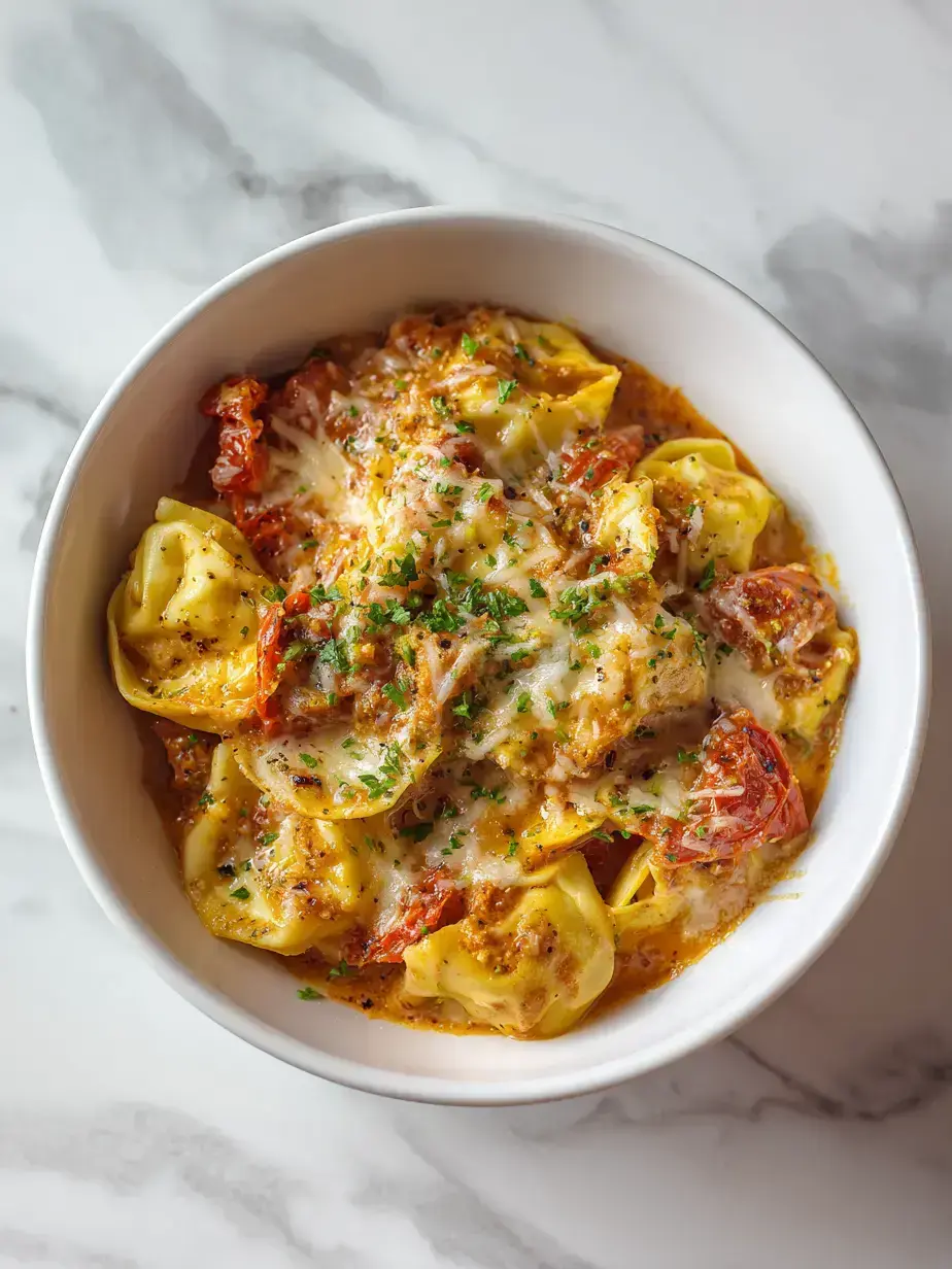 Delicious baked sundried tomato tortellini with a cheesy golden top