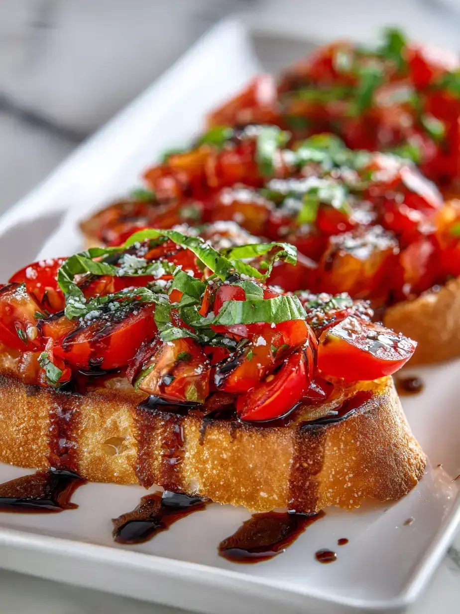 Close up of delicious bruschetta with juicy tomatoes and fresh basil