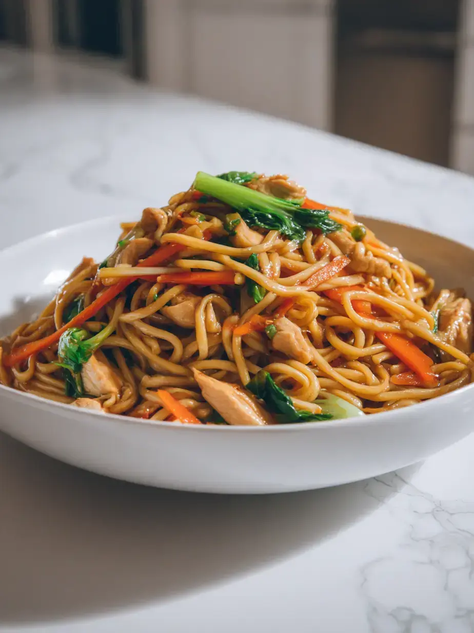 A finished skillet of delicious chicken lo mein with vegetables