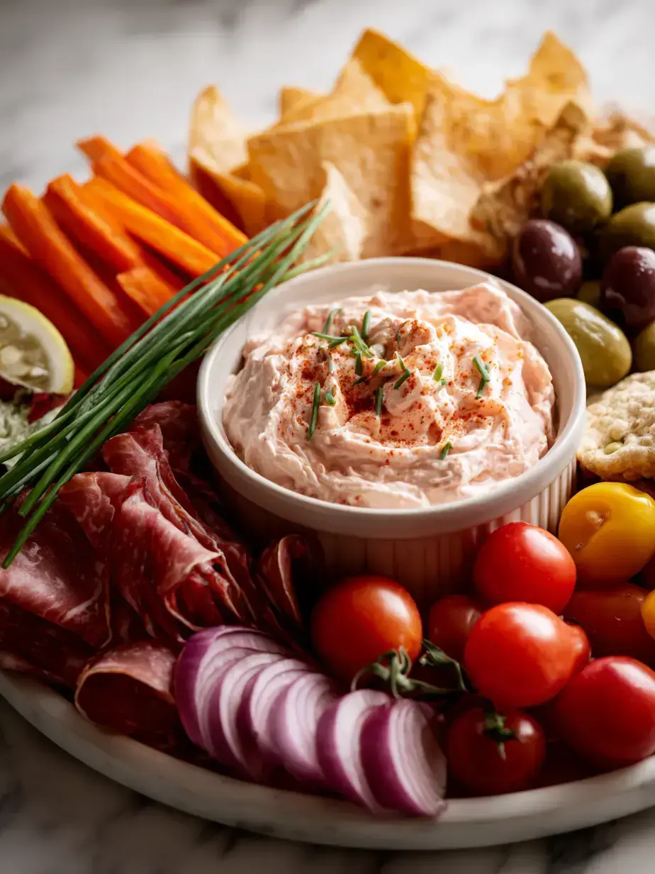 Close-up of creamy onion dip with chips and vegetables