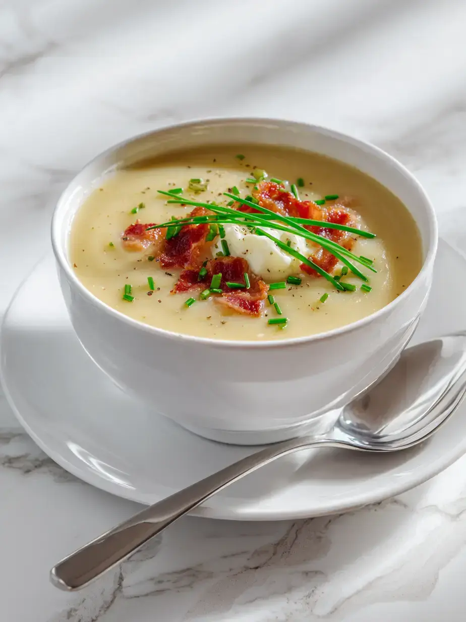 Bowl of creamy potato soup garnished with chives and bacon