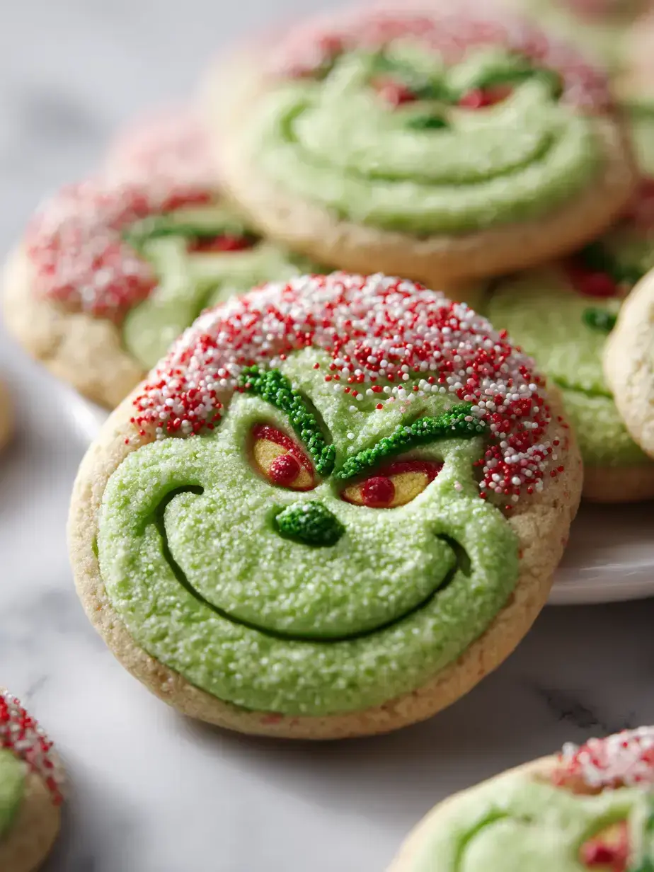 Close-up of a perfectly baked green Grinch cookie with a red heart sprinkle