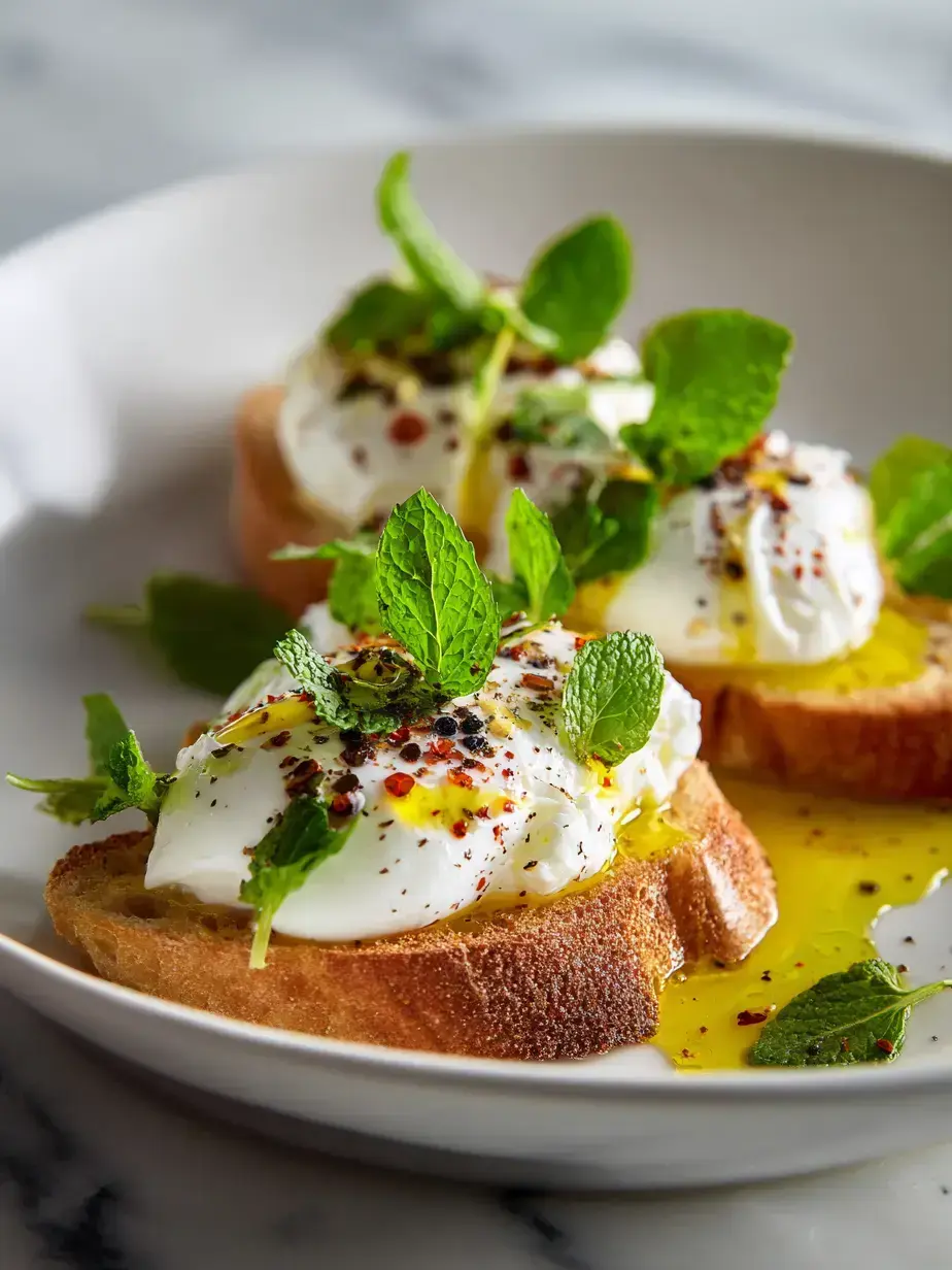 Close up of labneh burrata appetizer with herbs and toasted bread