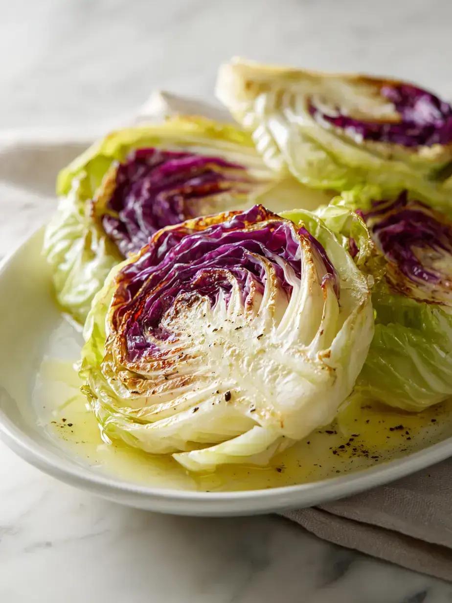 Delicious roasted garlic cabbage steaks arranged on a baking sheet