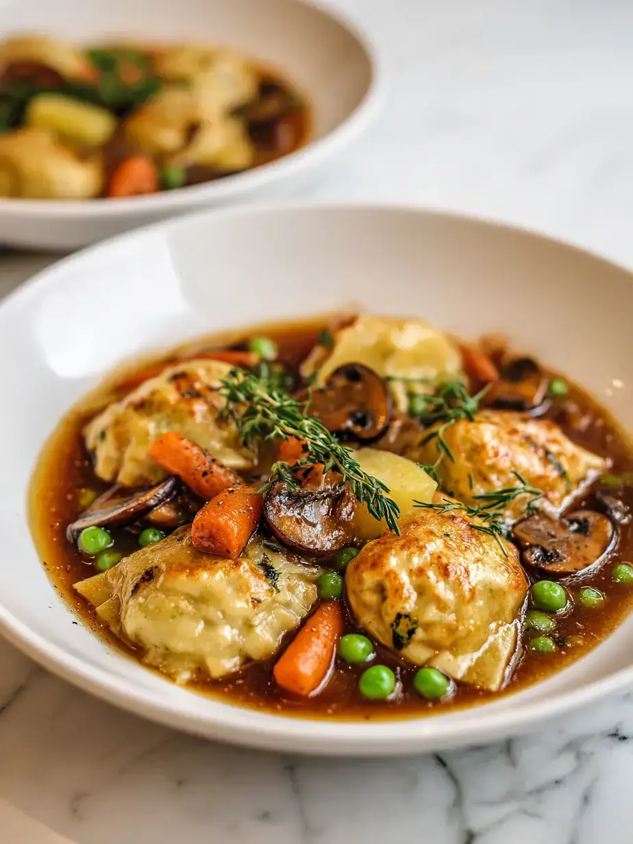 Delicious vegan stew with dumplings served in a bowl